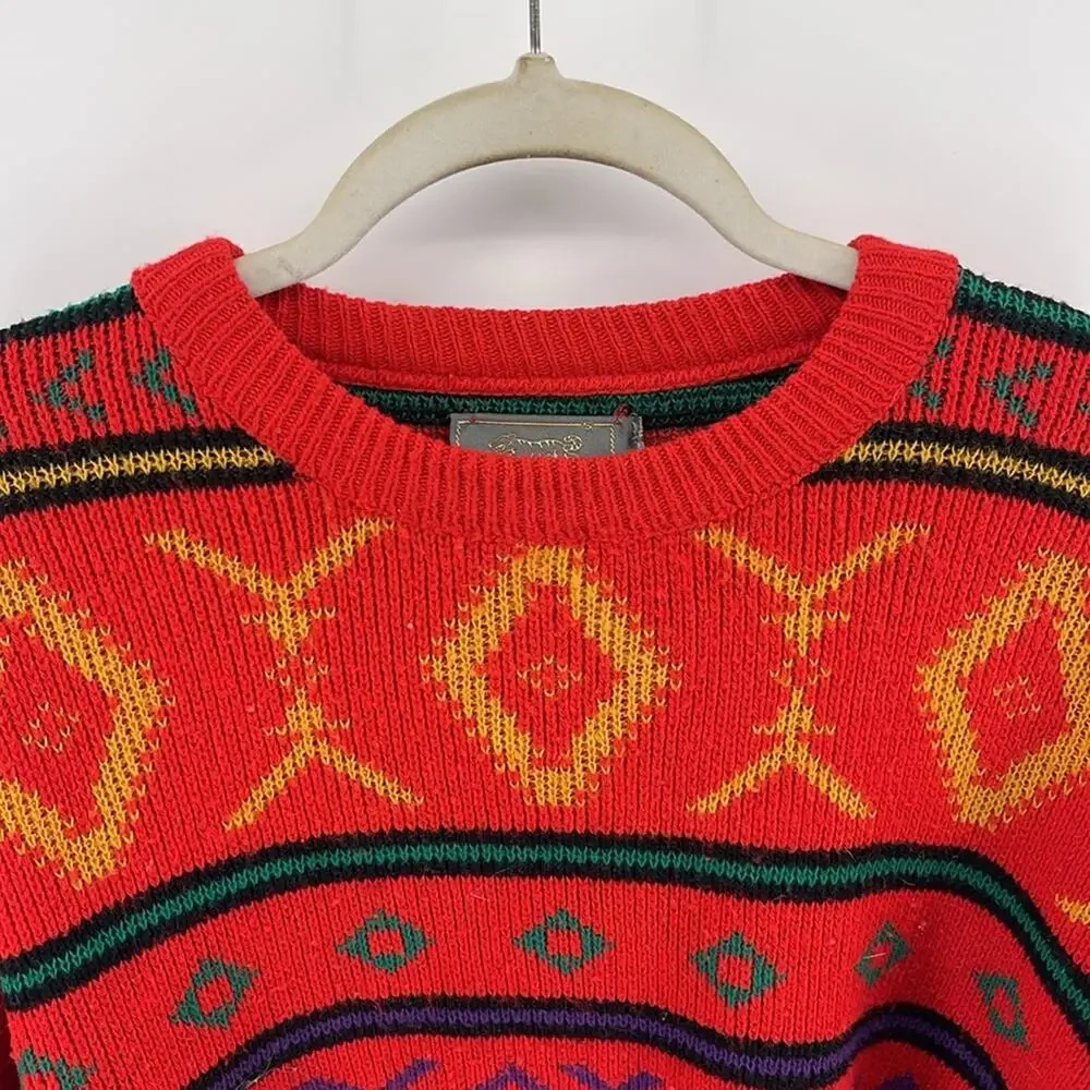 Vintage Le Tigre geometric Aztec Tribal print crewneck pullover grandpa sweater